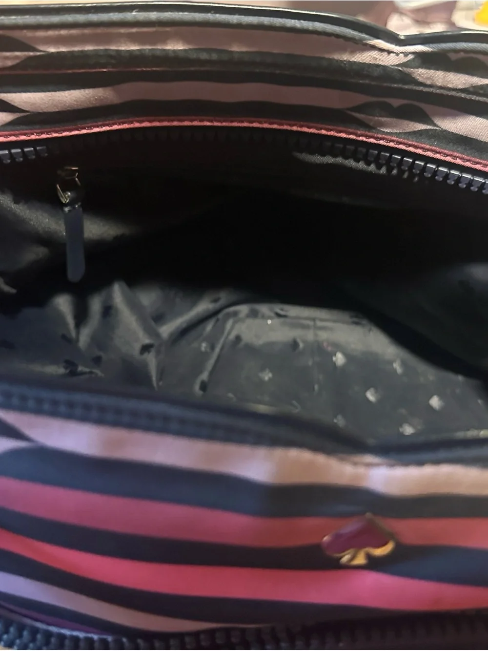 kate spade Pink and Navy Striped Tote with Lip Print